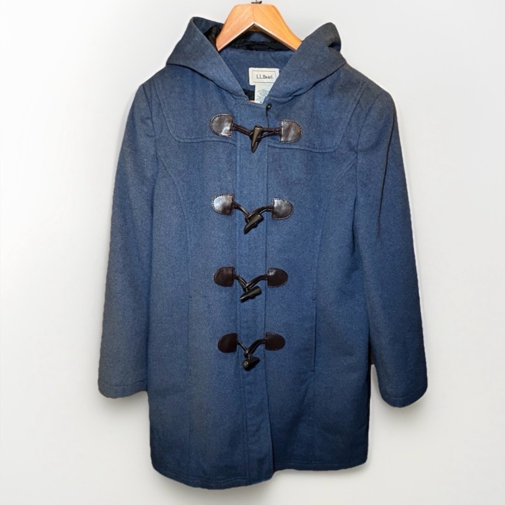 L.L. Bean Vintage Women’s Petite Medium Blue Hooded Duffel Toggle Coat Wool Mix